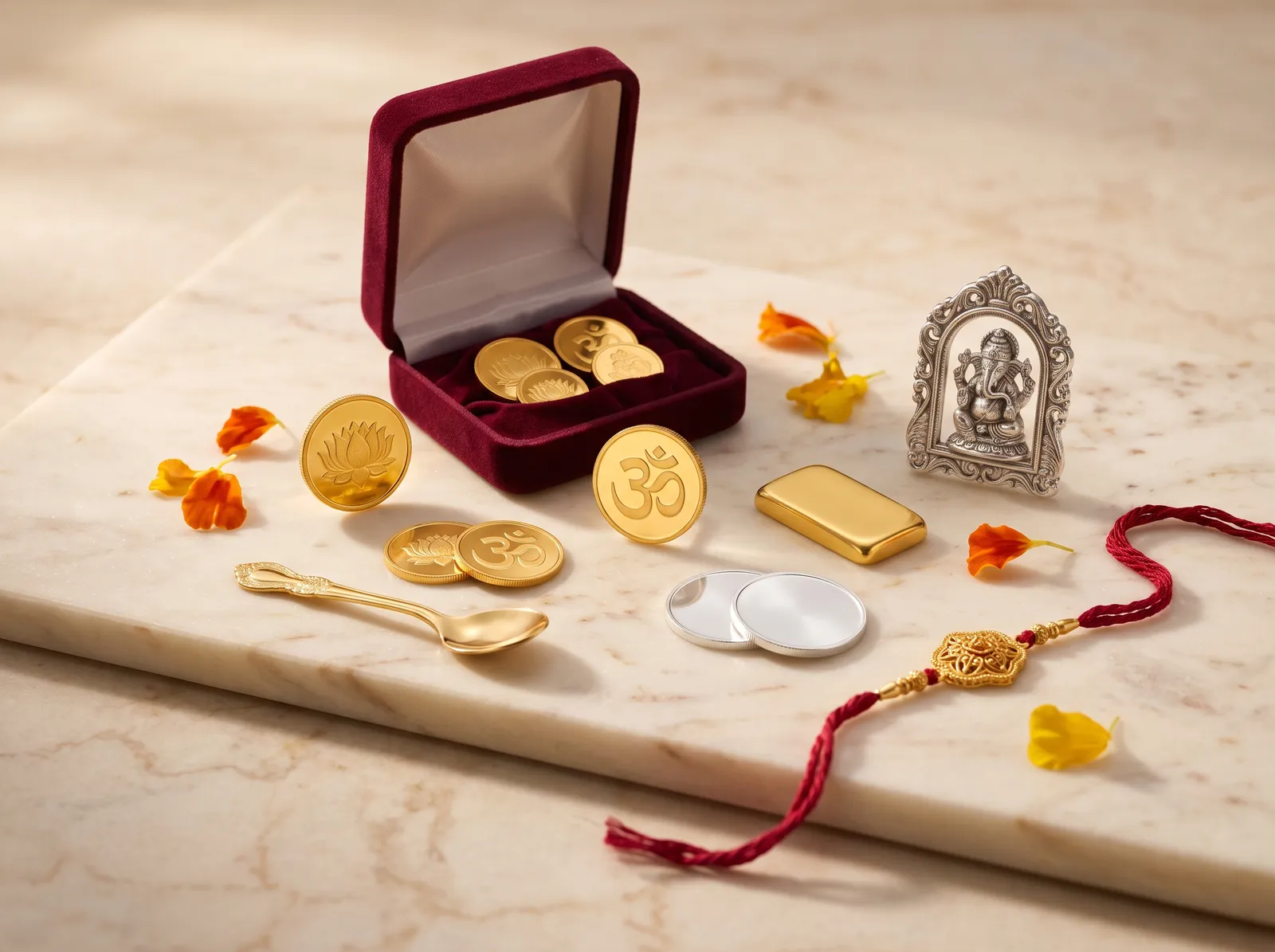 Gold and silver coins, a gold bar, baby spoon, silver Ganesha frame, rakhi and a velvet gift box